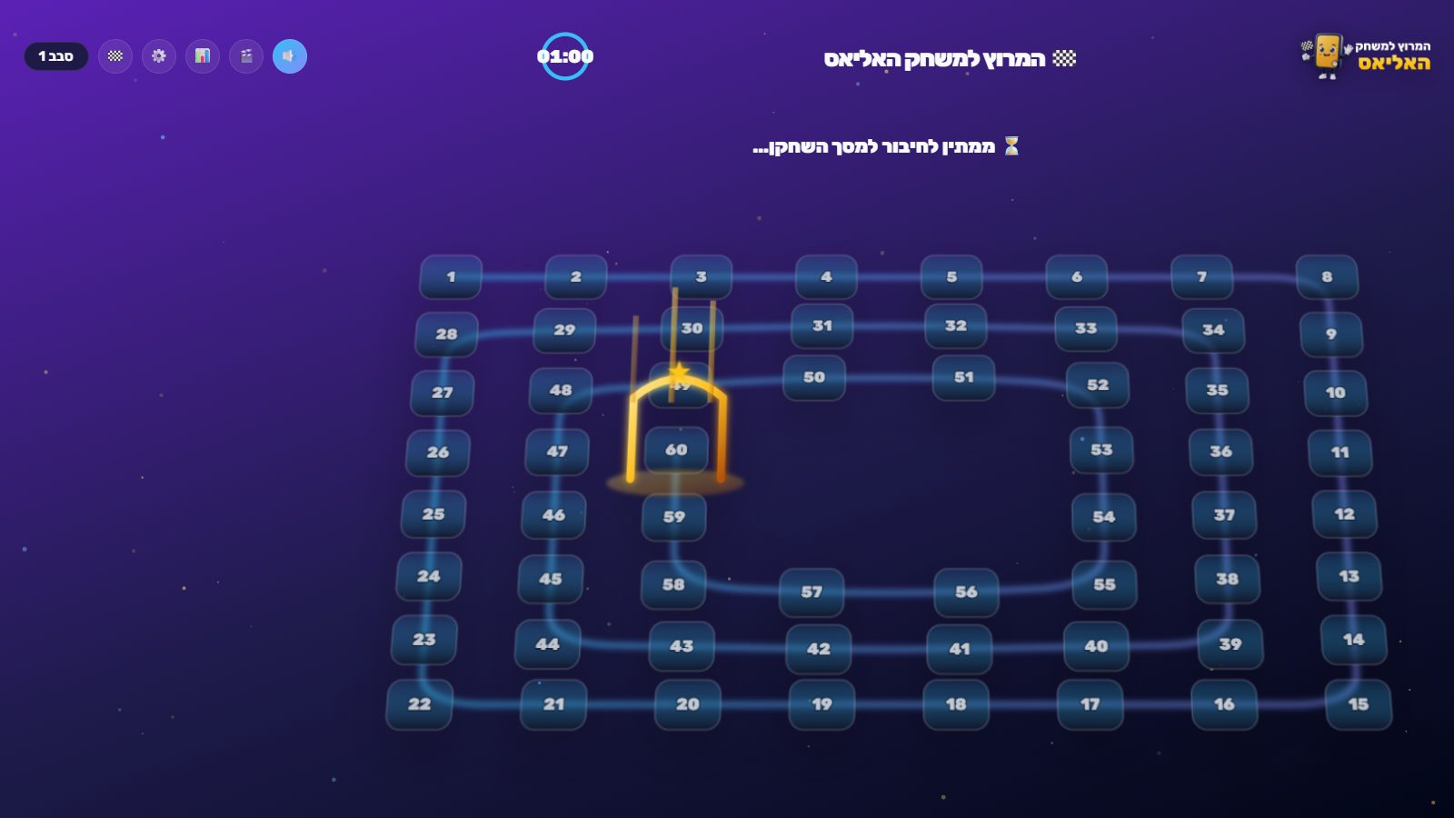 לוח המרוץ על המקרן עם לוגו ורקע סגול מותאם אישית